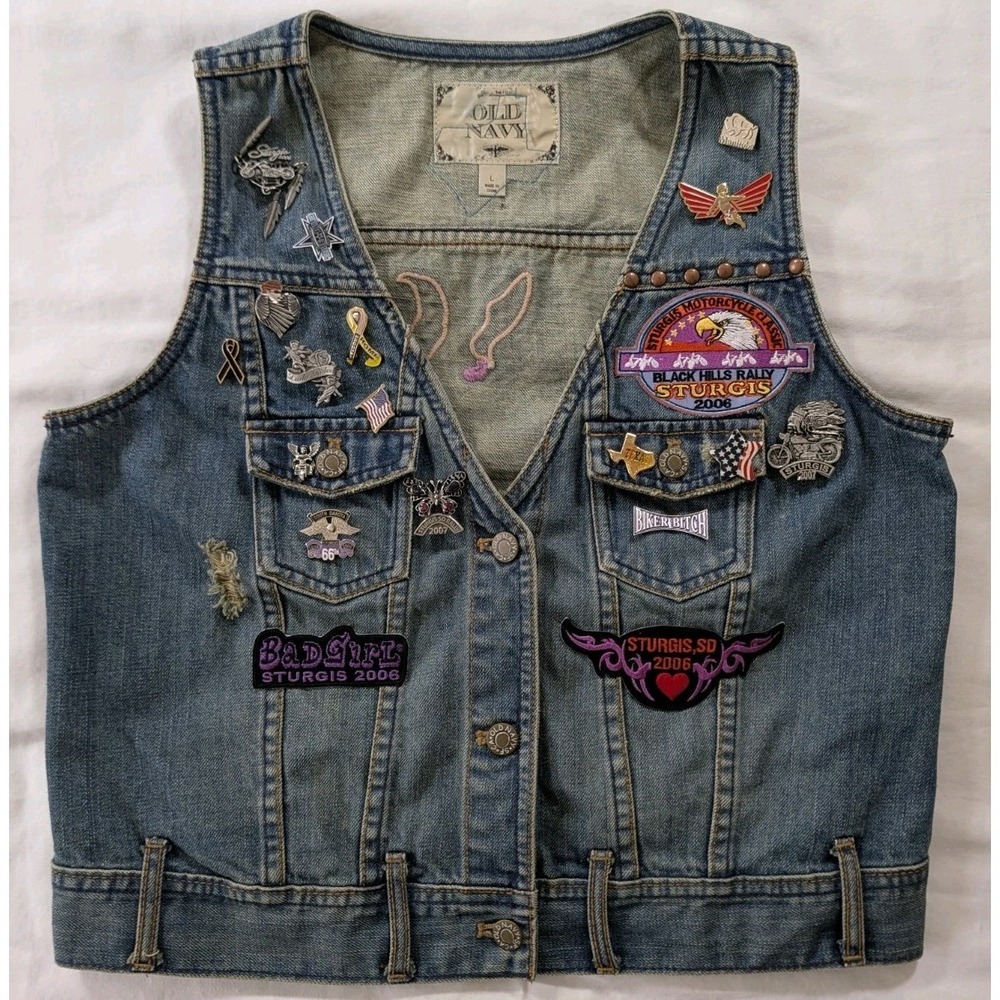 Vtg Denim Biker Vest Women's Large Patches‎ Pins Sturgis 2006 Harley Texas USA